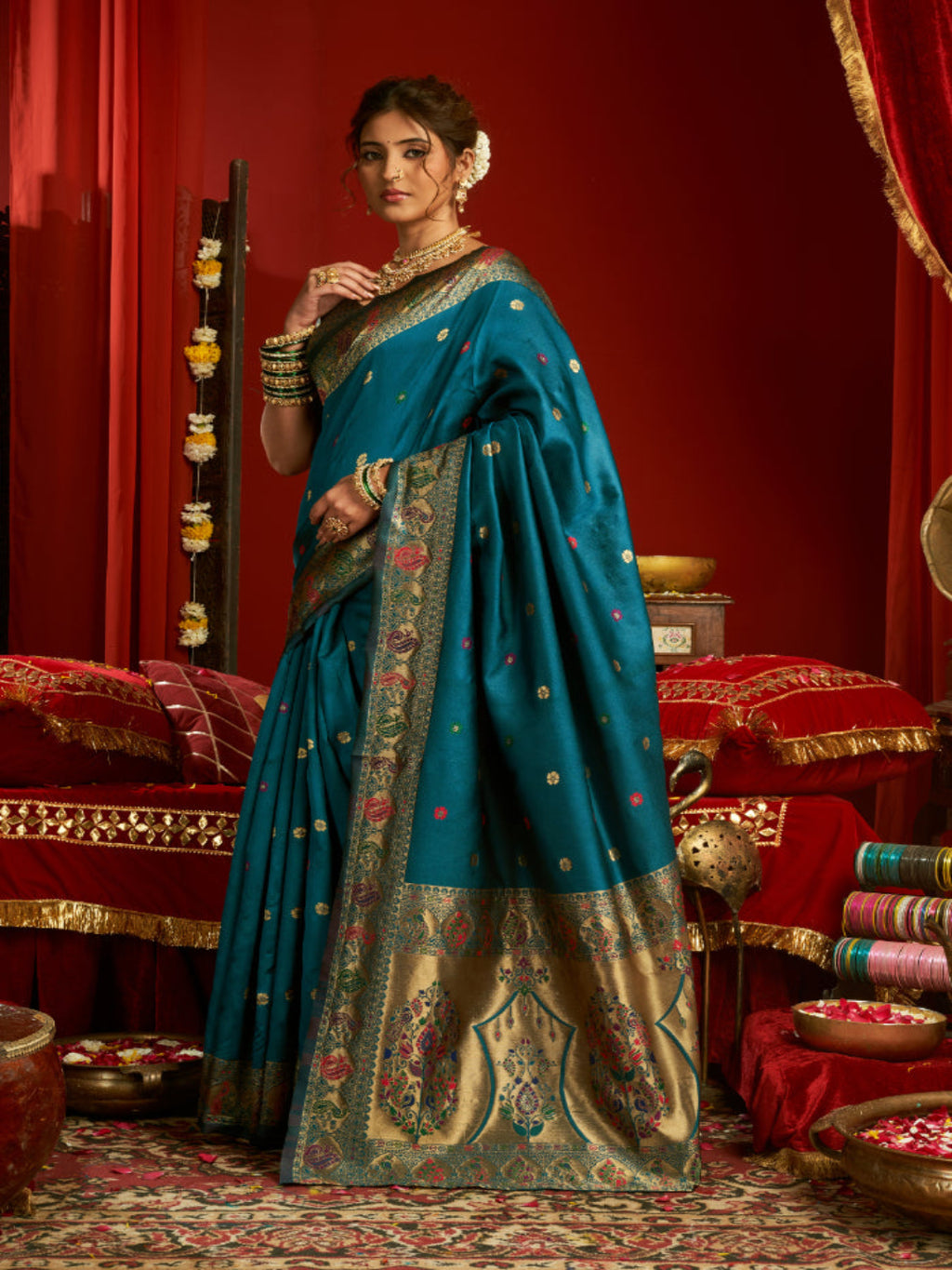 Majesty Designer Paithani: Captures the regal peacock and floral zari work.