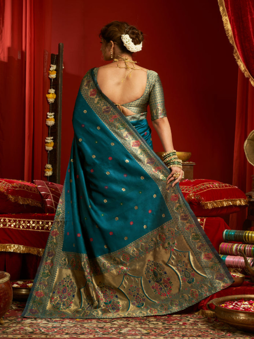 Majesty Designer Paithani: Captures the regal peacock and floral zari work.