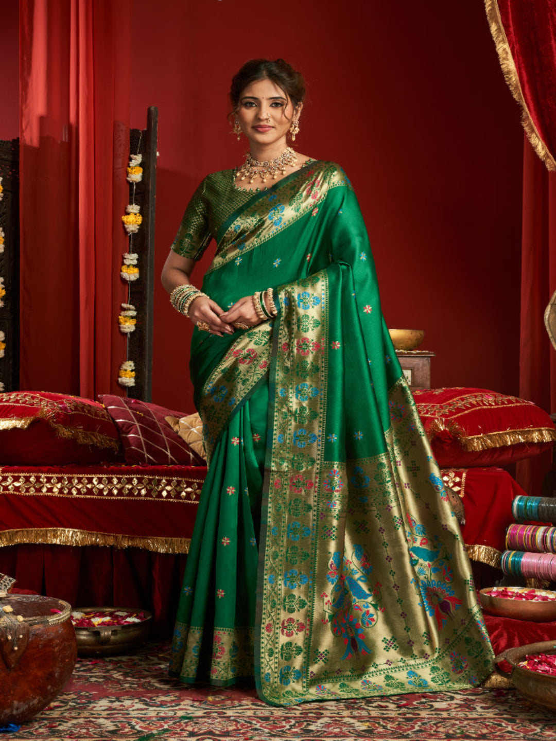 Majesty Designer Paithani: Captures the regal peacock and floral zari work.