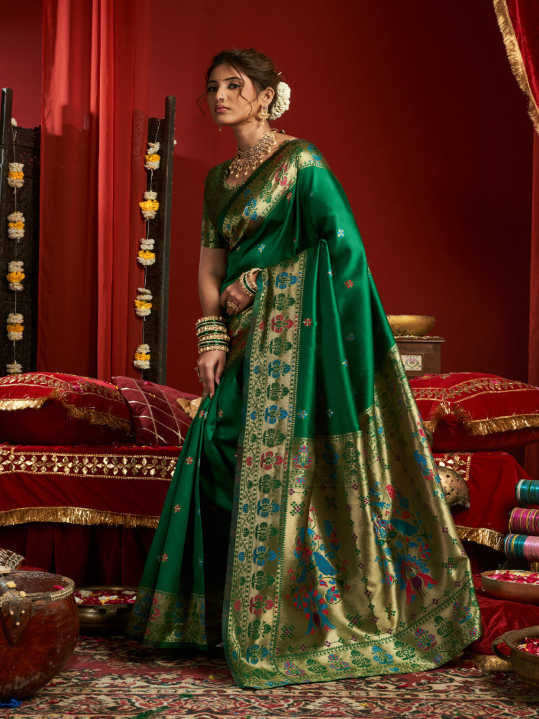 Majesty Designer Paithani: Captures the regal peacock and floral zari work.