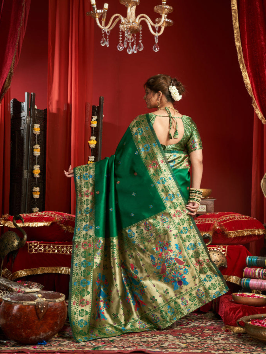 Majesty Designer Paithani: Captures the regal peacock and floral zari work.