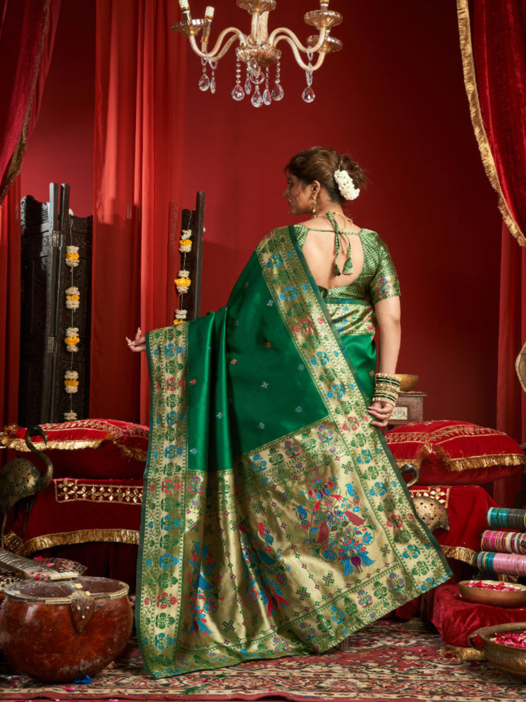 Majesty Designer Paithani: Captures the regal peacock and floral zari work.