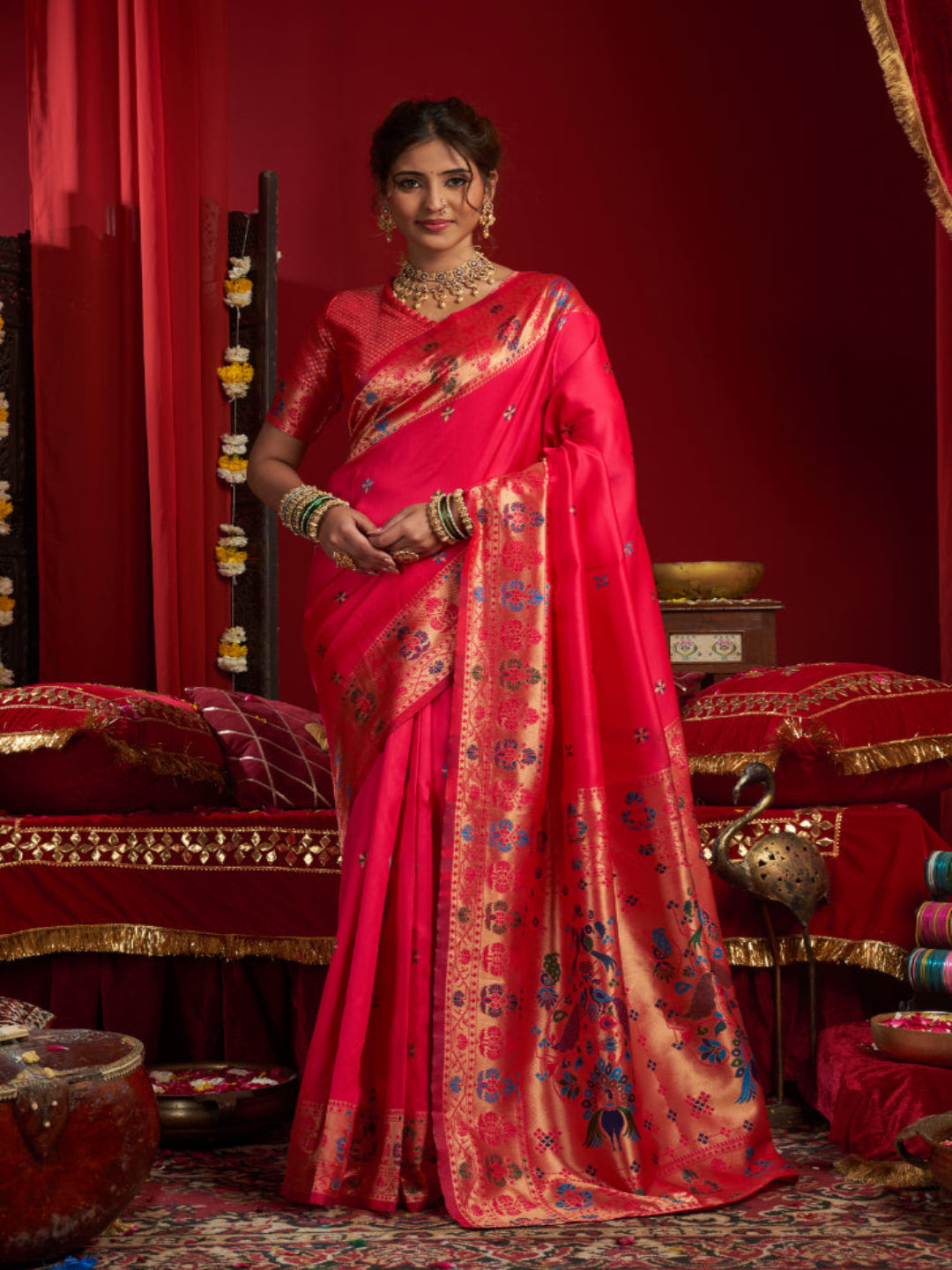 Majesty Designer Paithani: Captures the regal peacock and floral zari work.