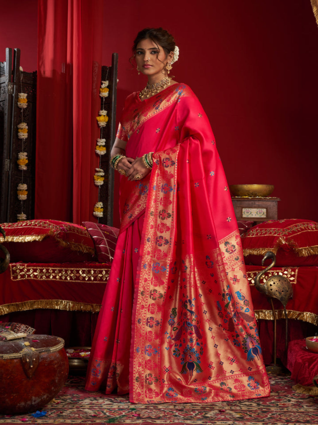 Majesty Designer Paithani: Captures the regal peacock and floral zari work.