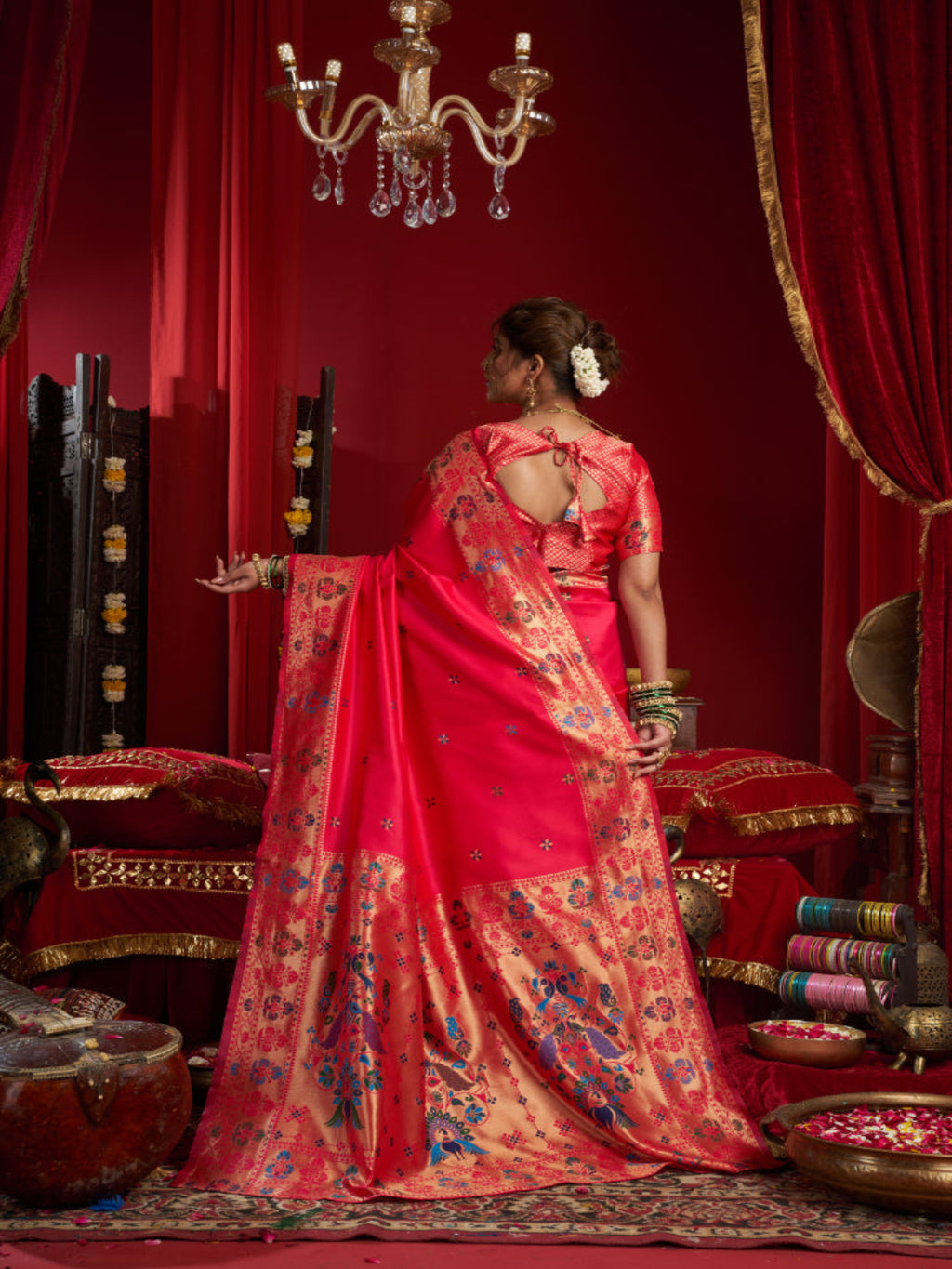 Majesty Designer Paithani: Captures the regal peacock and floral zari work.