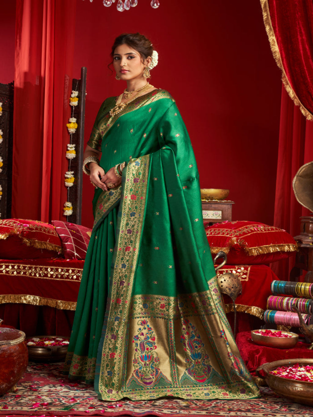 Emerald Heritage: Captures the deep green hue and the traditional Paithani artistry.