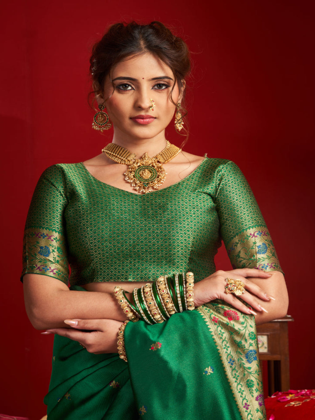 Emerald Heritage: Captures the deep green hue and the traditional Paithani artistry.