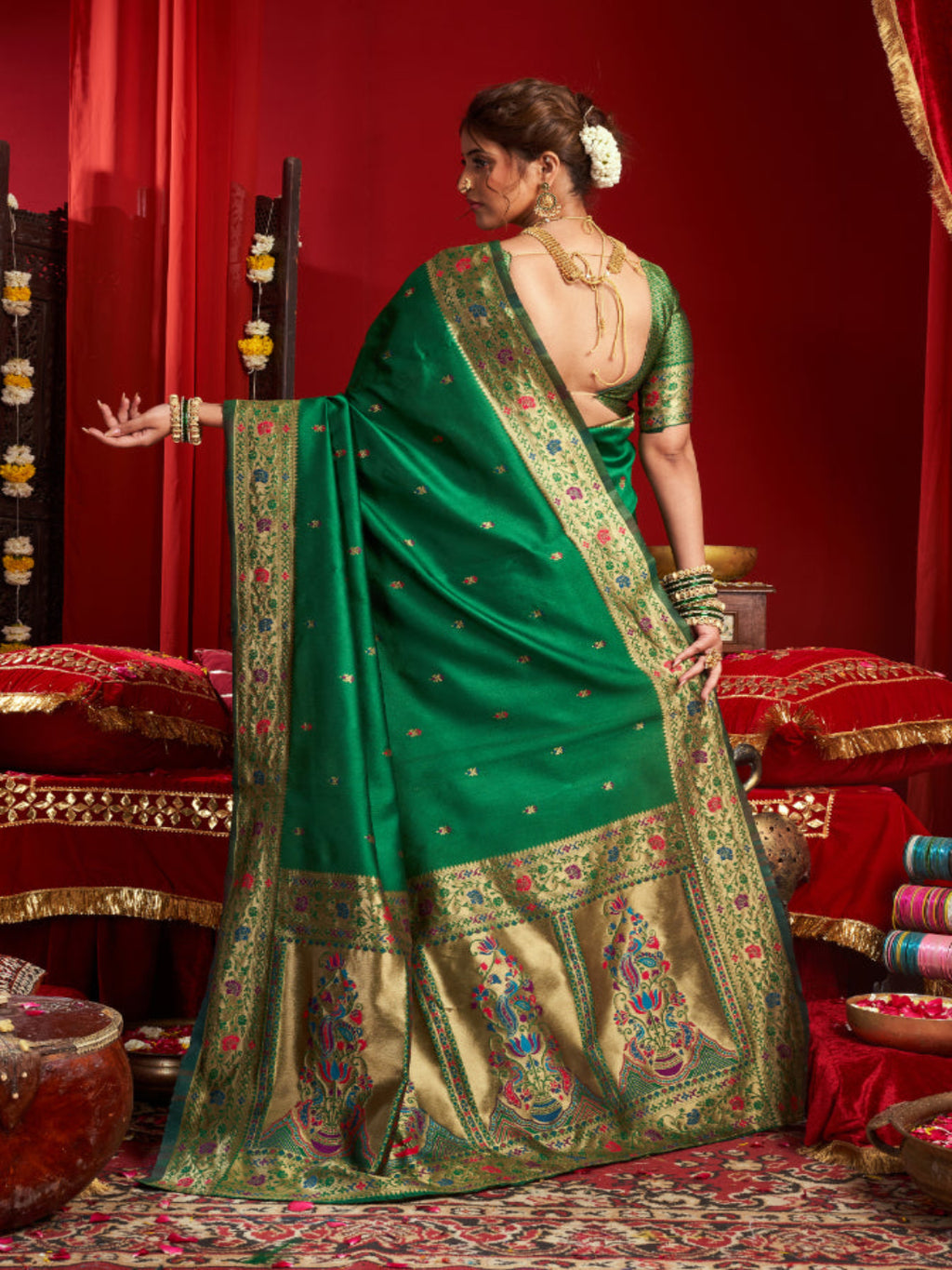 Emerald Heritage: Captures the deep green hue and the traditional Paithani artistry.