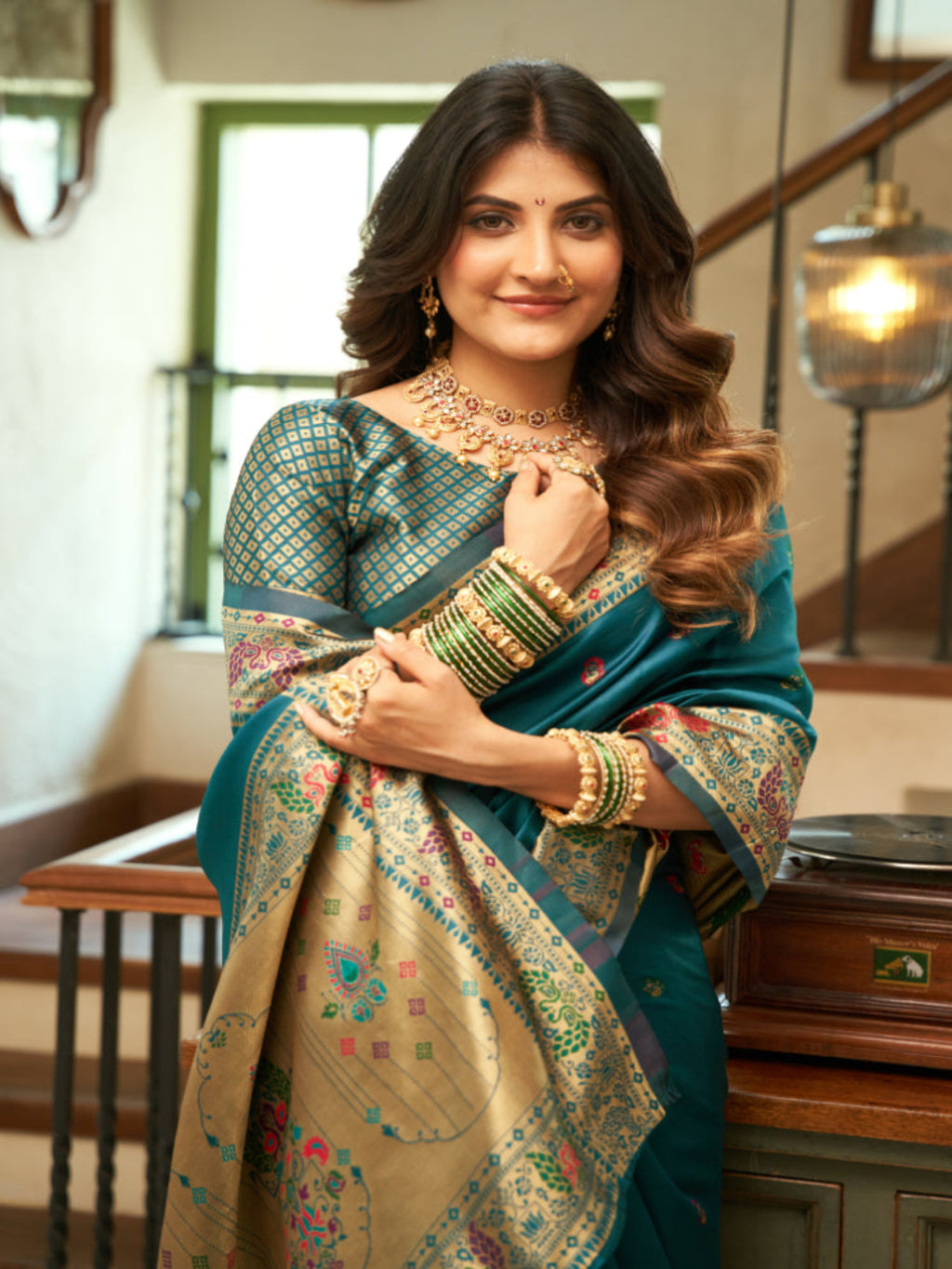Emerald Heritage: Captures the deep green hue and the traditional Paithani artistry.