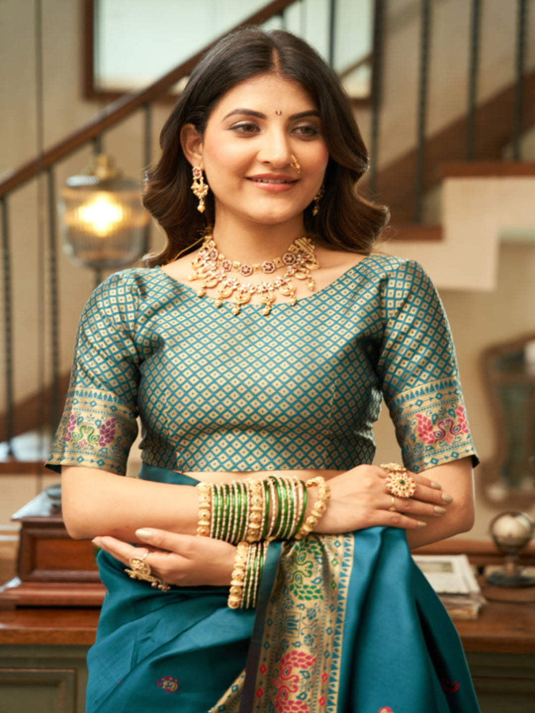 Emerald Heritage: Captures the deep green hue and the traditional Paithani artistry.