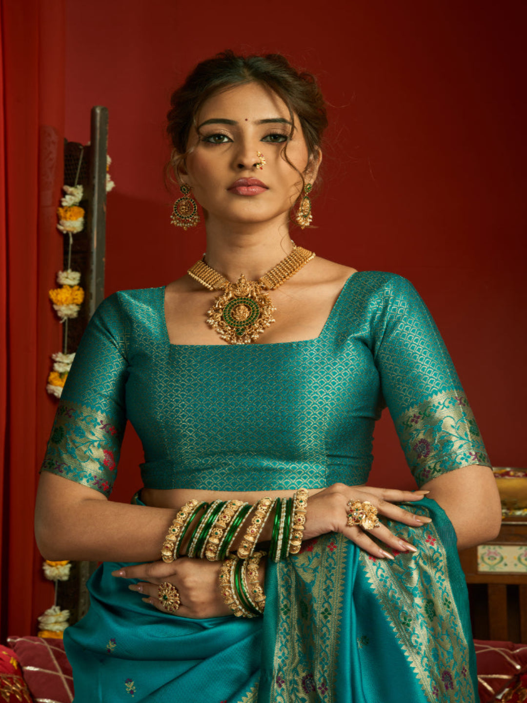 Emerald Heritage: Captures the deep green hue and the traditional Paithani artistry.