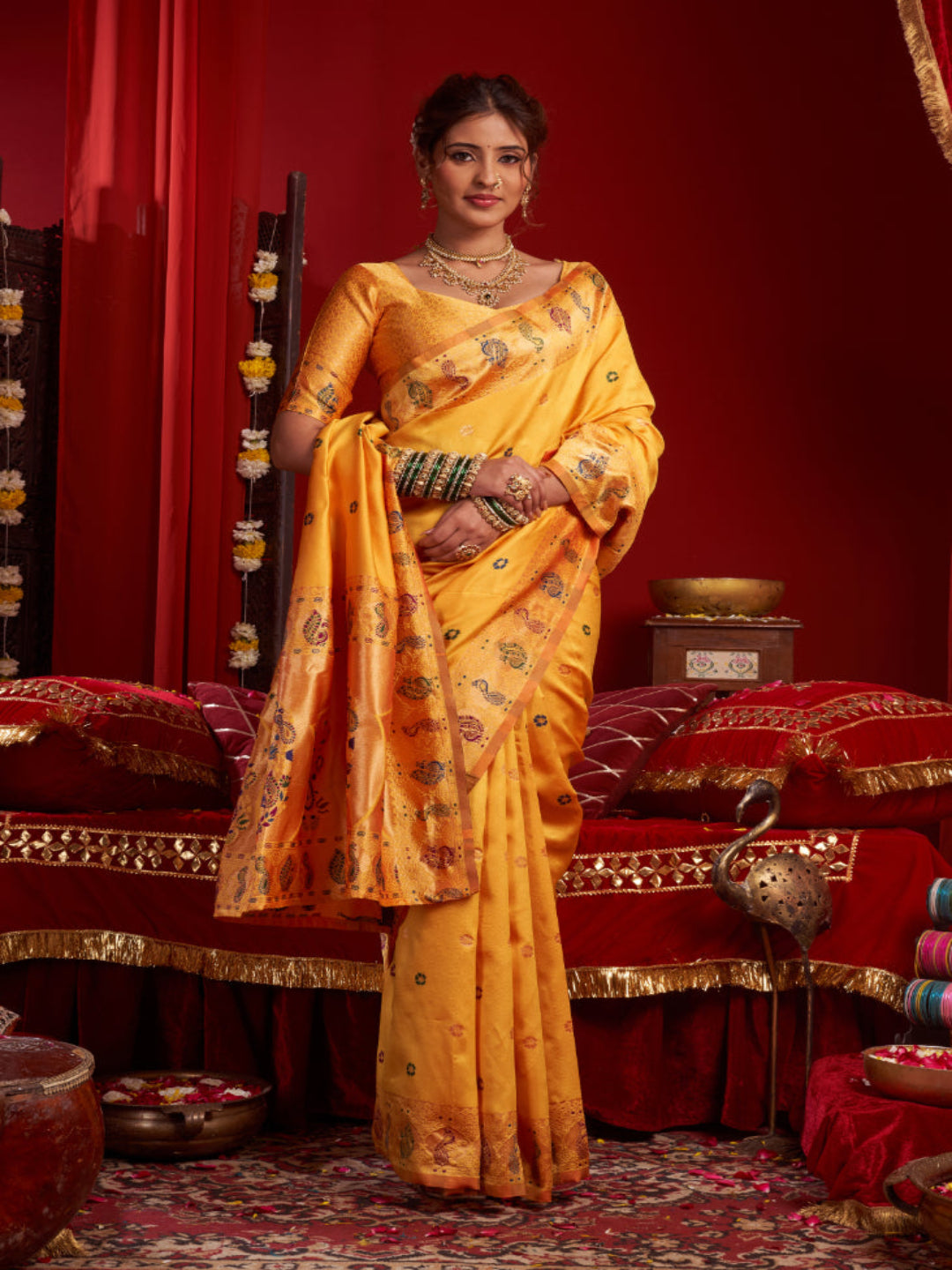 Emerald Heritage: Captures the deep green hue and the traditional Paithani artistry.