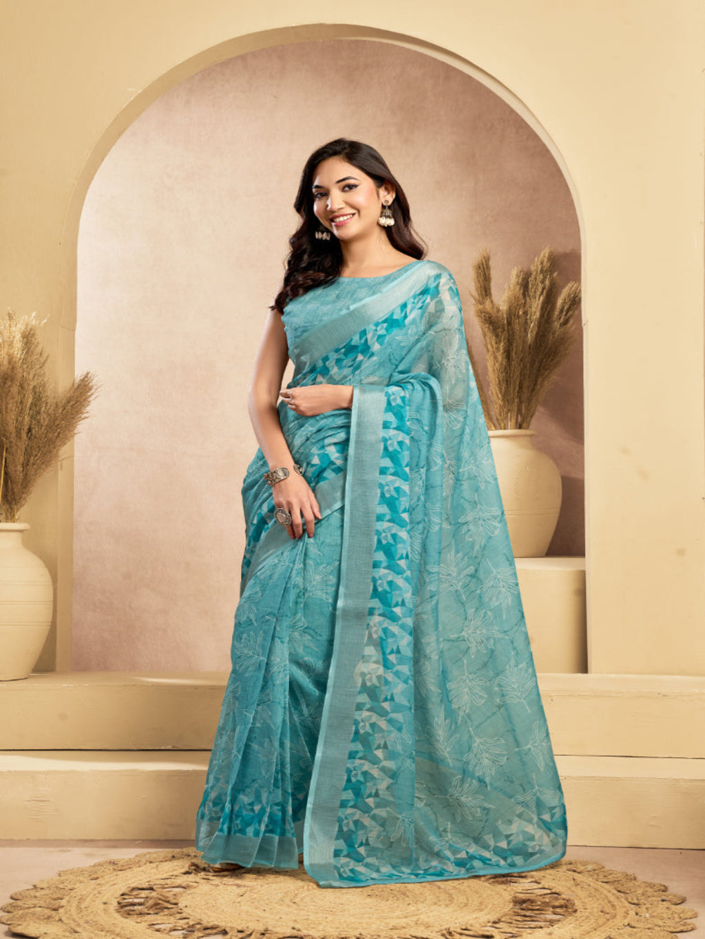 Aqua Blue Linen Floral Motifs Printed Ready-to-Wear Saree