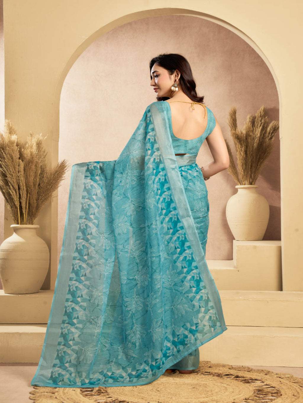 Aqua Blue Linen Floral Motifs Printed Ready-to-Wear Saree
