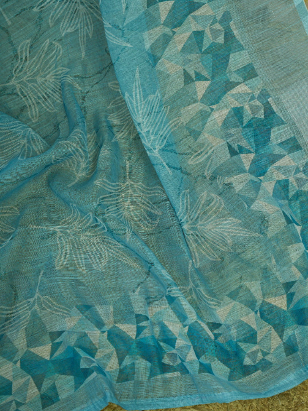 Aqua Blue Linen Floral Motifs Printed Ready-to-Wear Saree