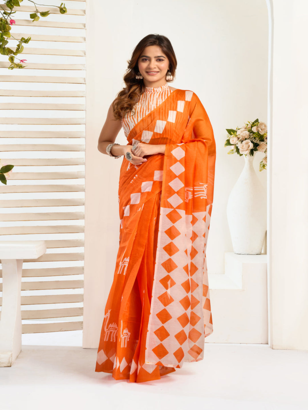 Linen Motifs Printed Orange Ready-to-Wear Saree