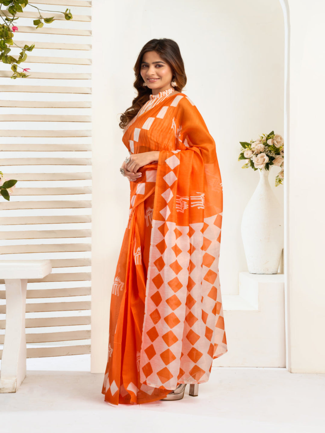 Linen Motifs Printed Orange Ready-to-Wear Saree