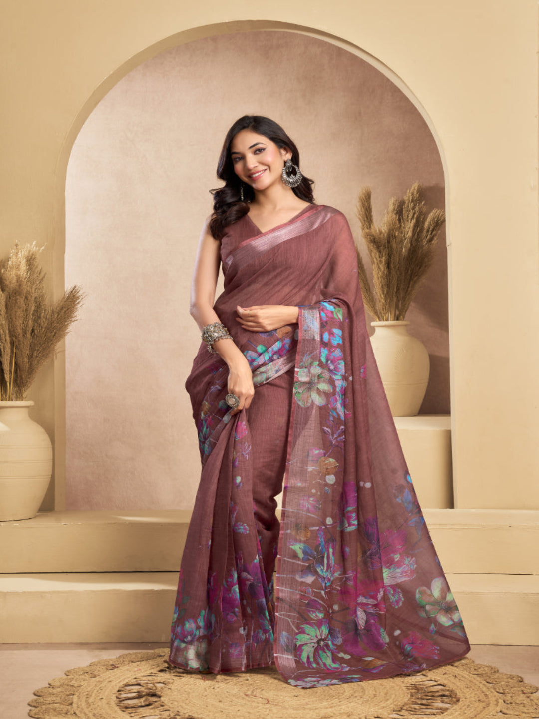 Digital Floral Printed Ready-to-Wear Linen Saree
