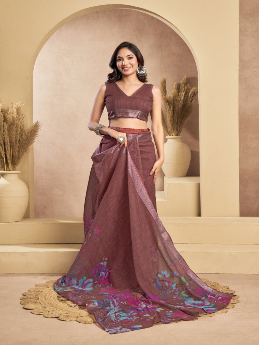 Digital Floral Printed Ready-to-Wear Linen Saree