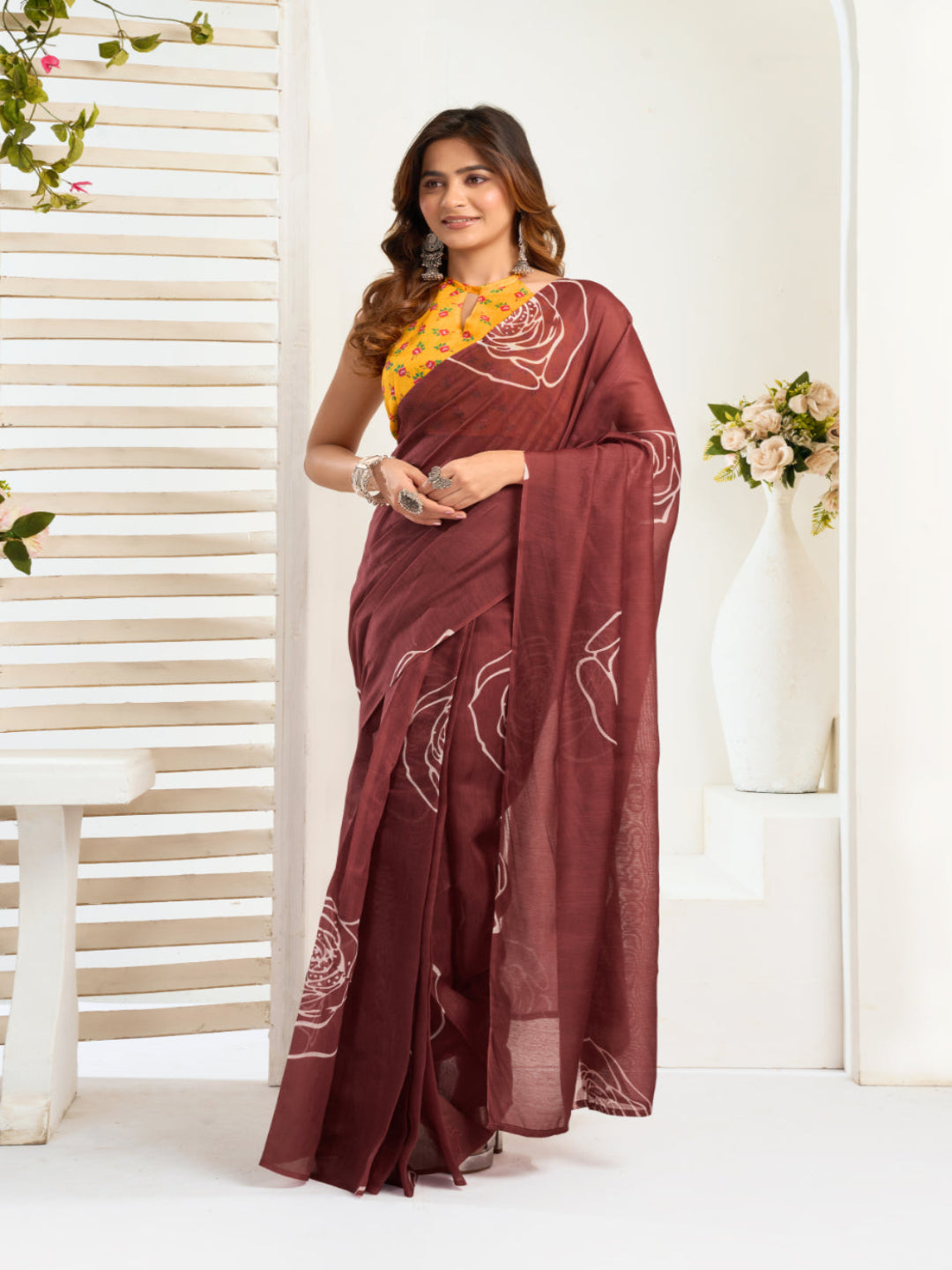 Emerald Linen ready to wear Saree with White Rose Digital Prints