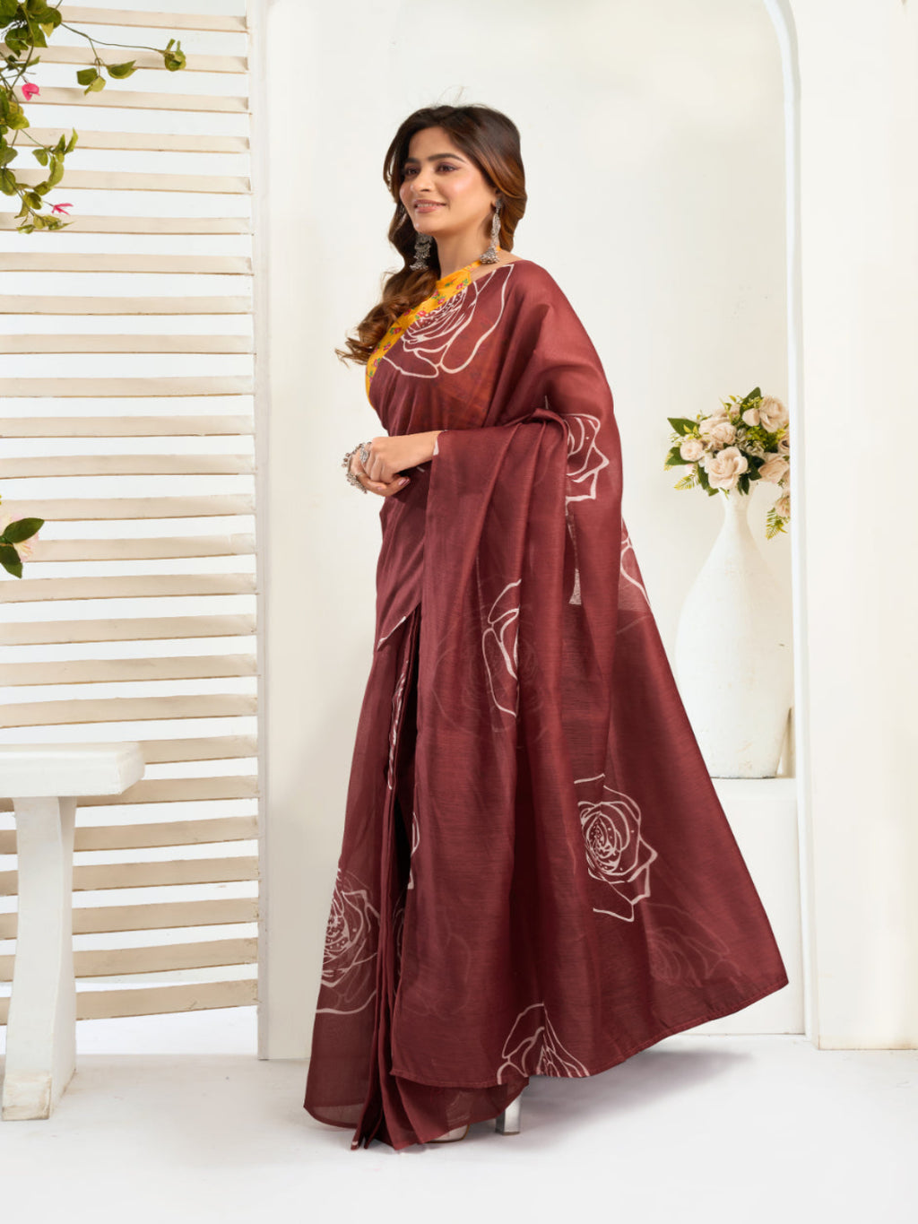 Emerald Linen ready to wear Saree with White Rose Digital Prints
