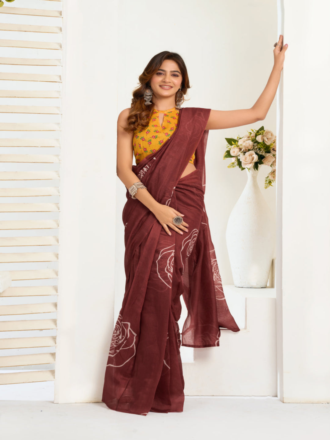 Emerald Linen ready to wear Saree with White Rose Digital Prints