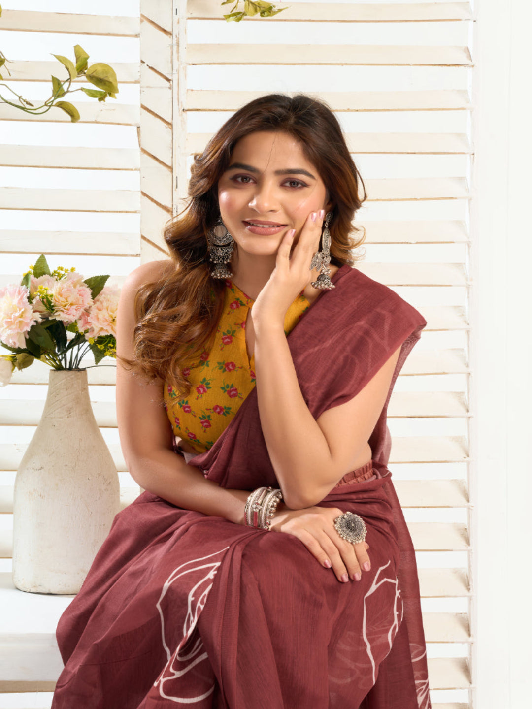 Emerald Linen ready to wear Saree with White Rose Digital Prints