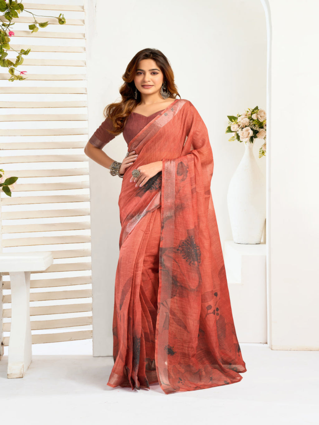 Digital Floral Printed Orange Ready-to-Wear Linen Saree