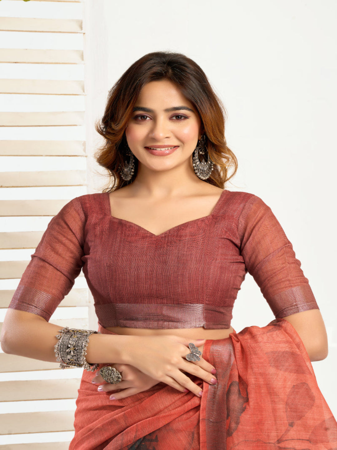 Digital Floral Printed Orange Ready-to-Wear Linen Saree