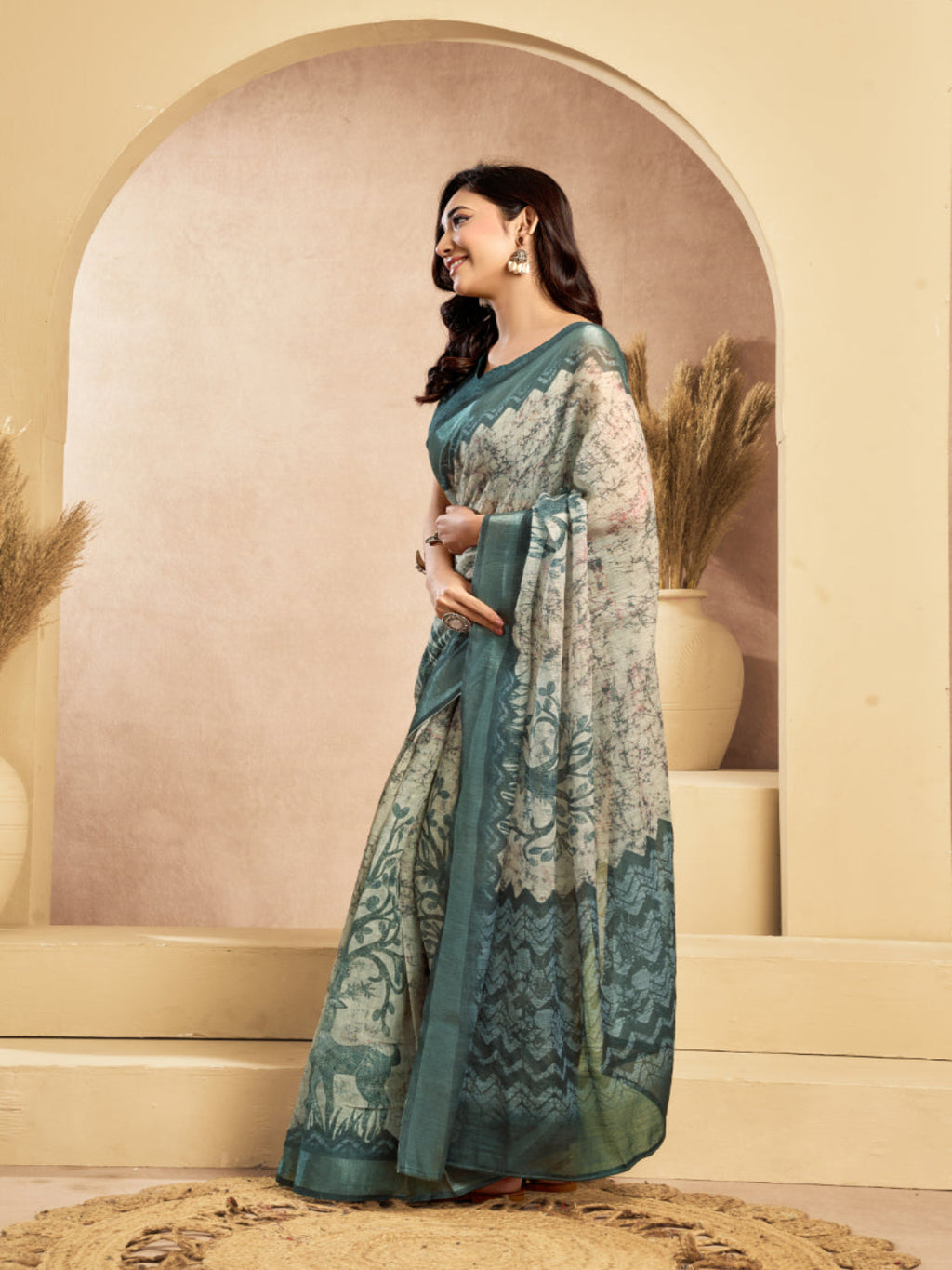 Beige & Green Digital Printed Ready-to-Wear Linen Saree