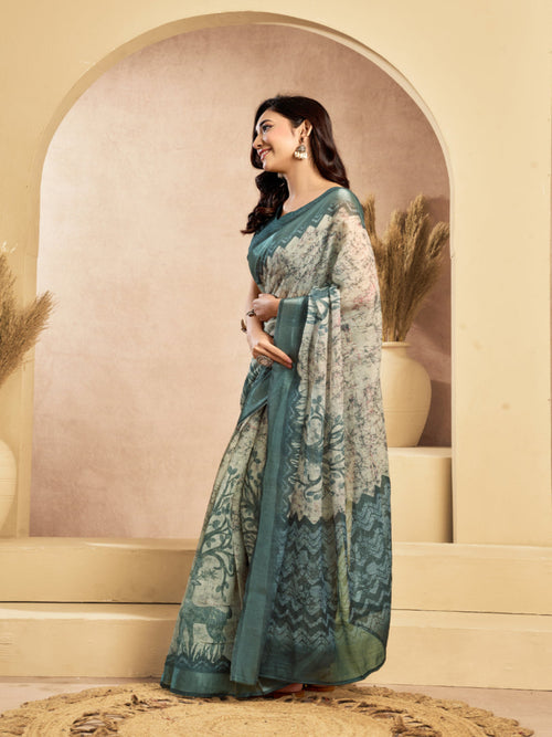 Beige & Green Digital Printed Ready-to-Wear Linen Saree