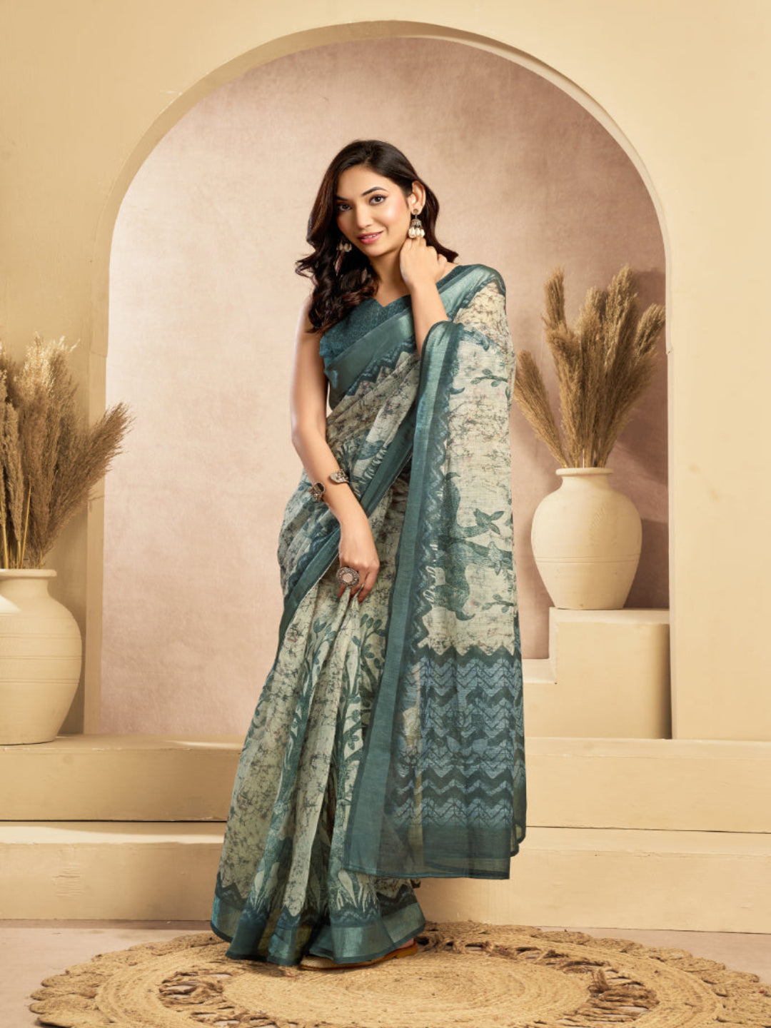 Beige & Green Digital Printed Ready-to-Wear Linen Saree