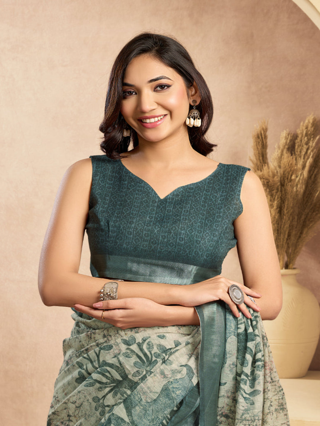 Beige & Green Digital Printed Ready-to-Wear Linen Saree