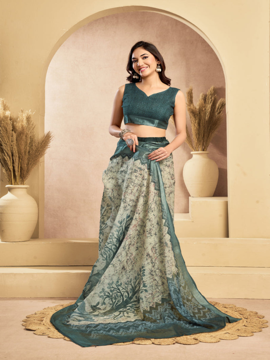 Beige & Green Digital Printed Ready-to-Wear Linen Saree