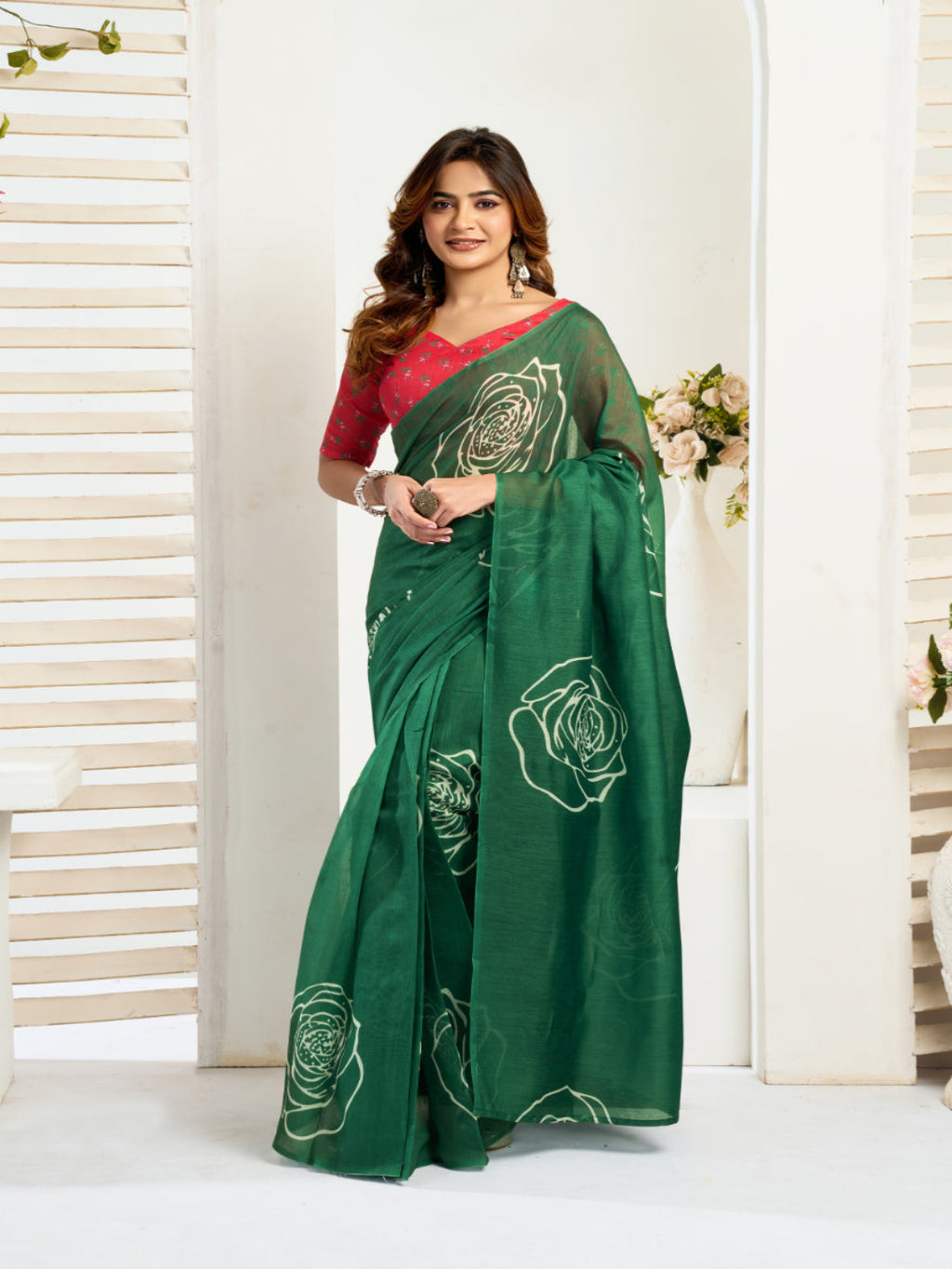 Emerald Linen ready to wear Saree with White Rose Digital Prints