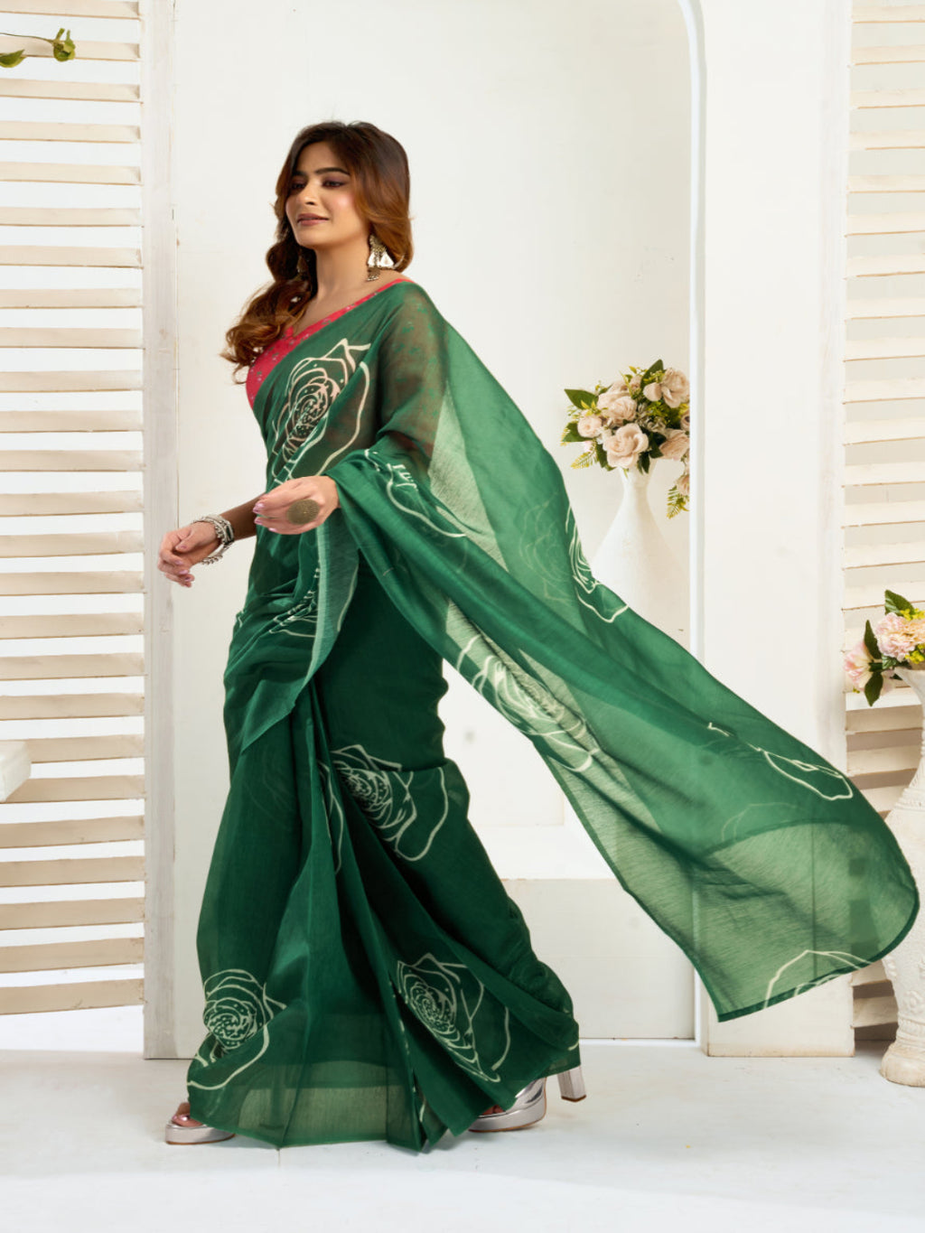 Emerald Linen ready to wear Saree with White Rose Digital Prints