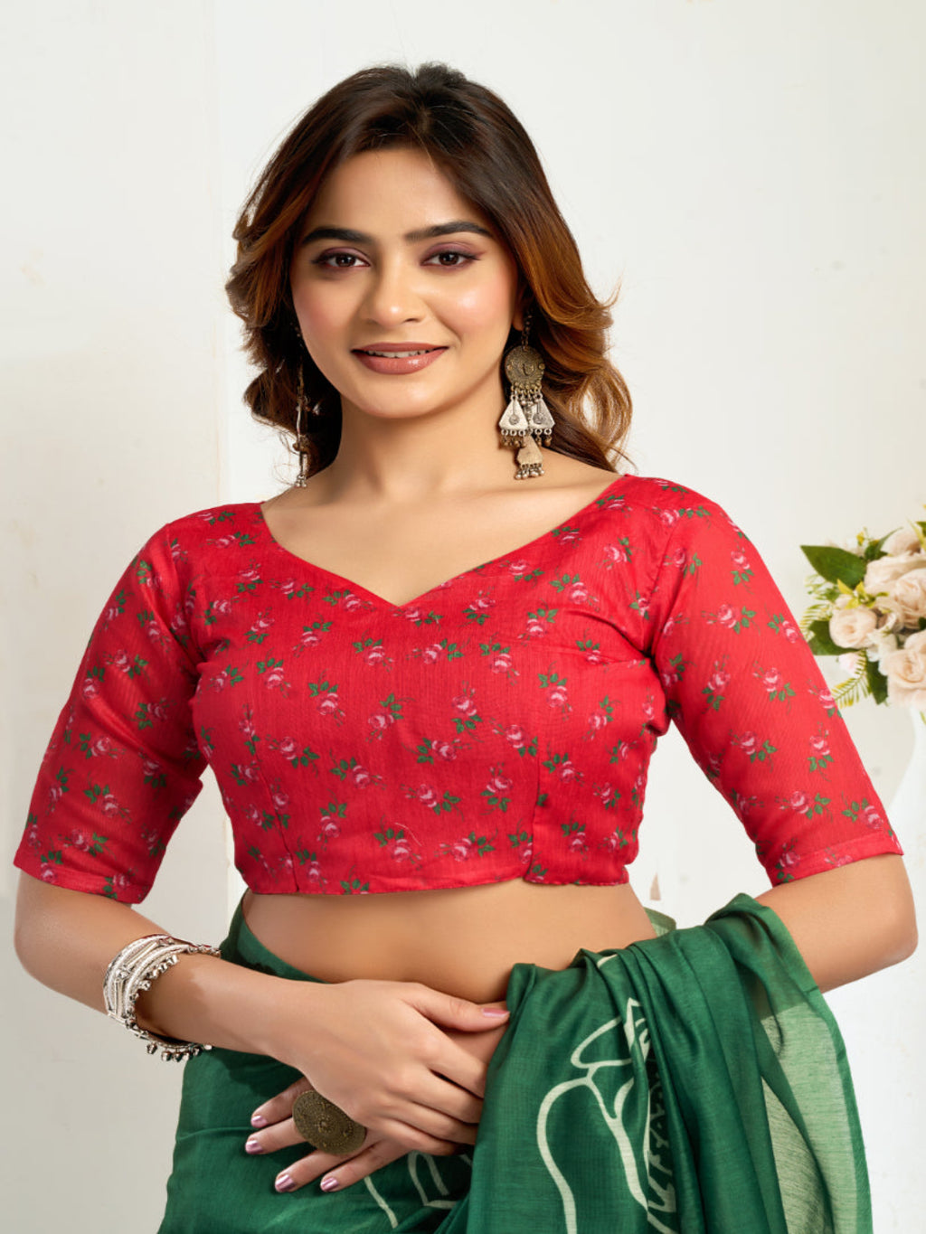 Emerald Linen ready to wear Saree with White Rose Digital Prints