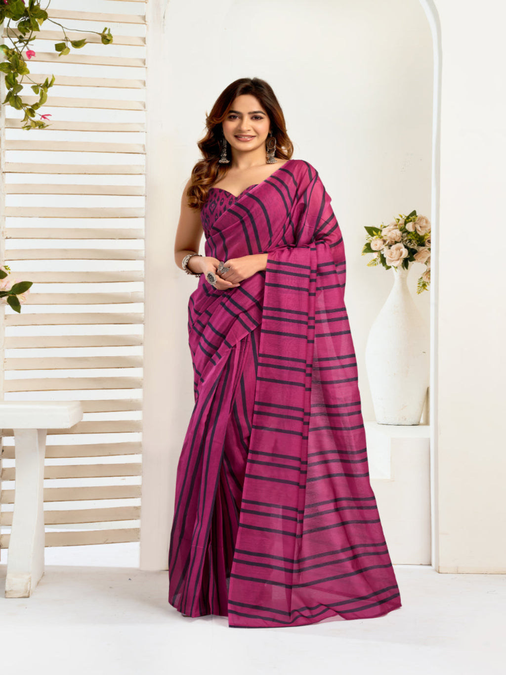 Stripe Linen ready to wear Saree with Digital Prints