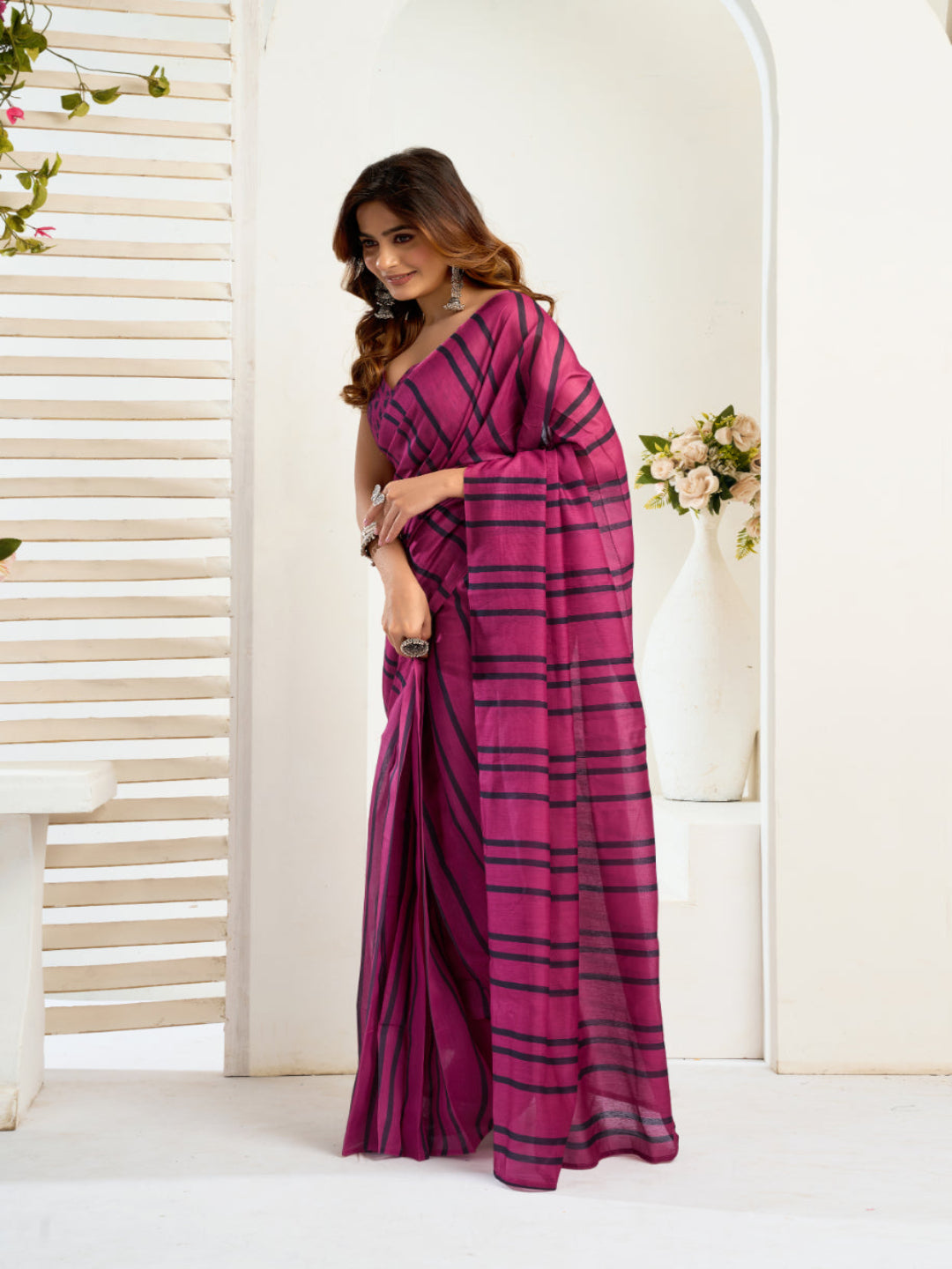 Stripe Linen ready to wear Saree with Digital Prints