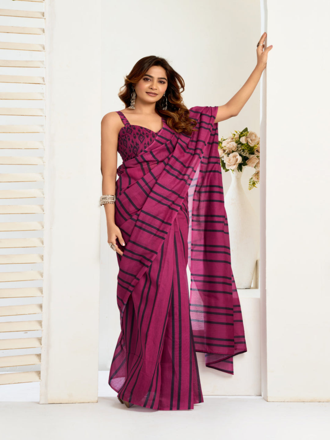 Stripe Linen ready to wear Saree with Digital Prints