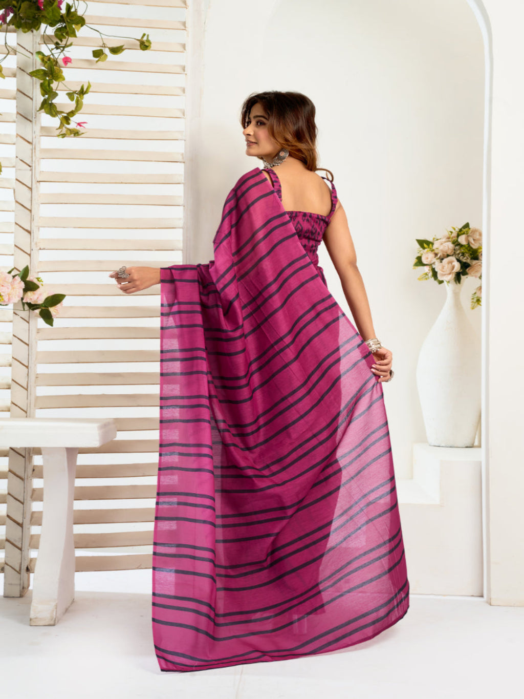 Stripe Linen ready to wear Saree with Digital Prints