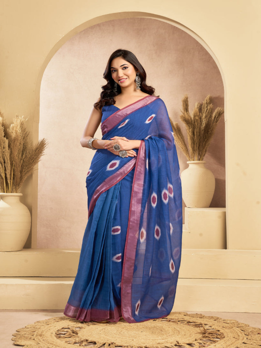 Blue Linen Ikkat Printed ready to wear with pocket saree