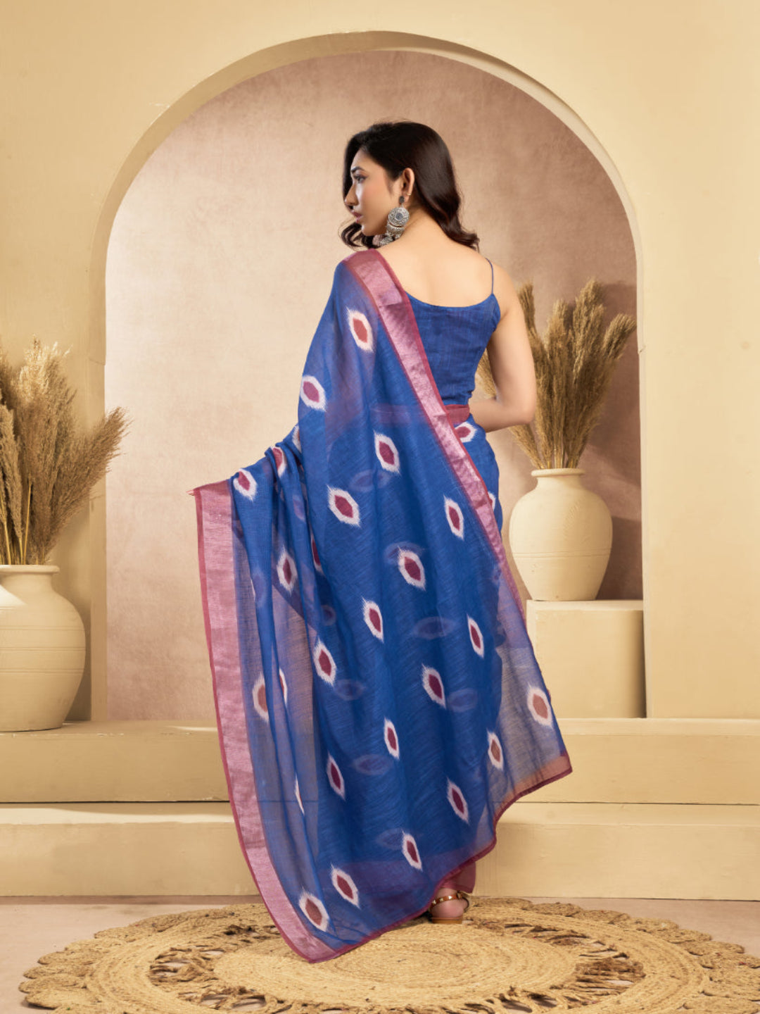 Blue Linen Ikkat Printed ready to wear with pocket saree