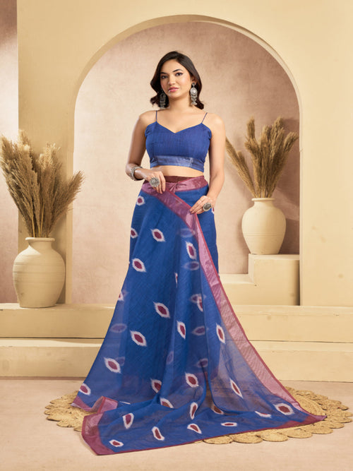 Blue Linen Ikkat Printed ready to wear with pocket saree