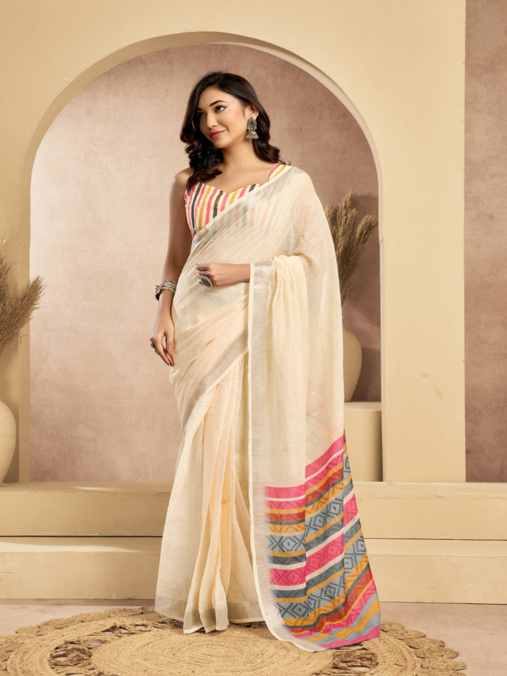 Cream Linen Ikkat Printed ready to wear with pocket saree with Blouse