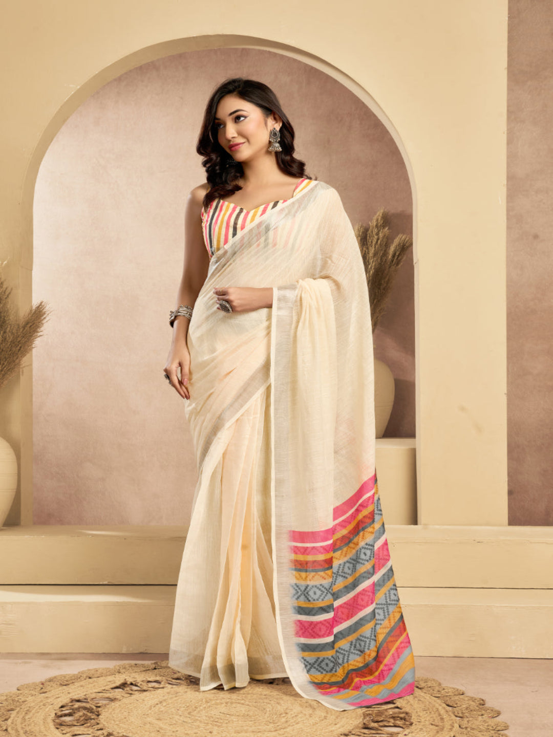 Cream Linen Ikkat Printed ready to wear with pocket saree with Blouse