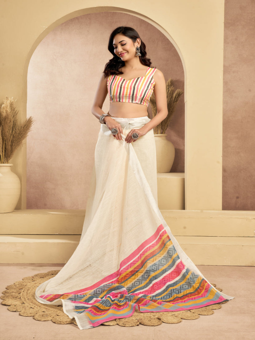 Cream Linen Ikkat Printed ready to wear with pocket saree with Blouse