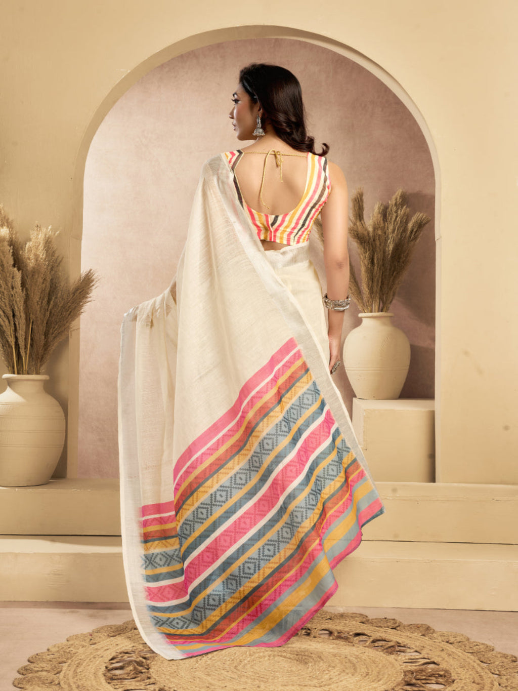 Cream Linen Ikkat Printed ready to wear with pocket saree with Blouse