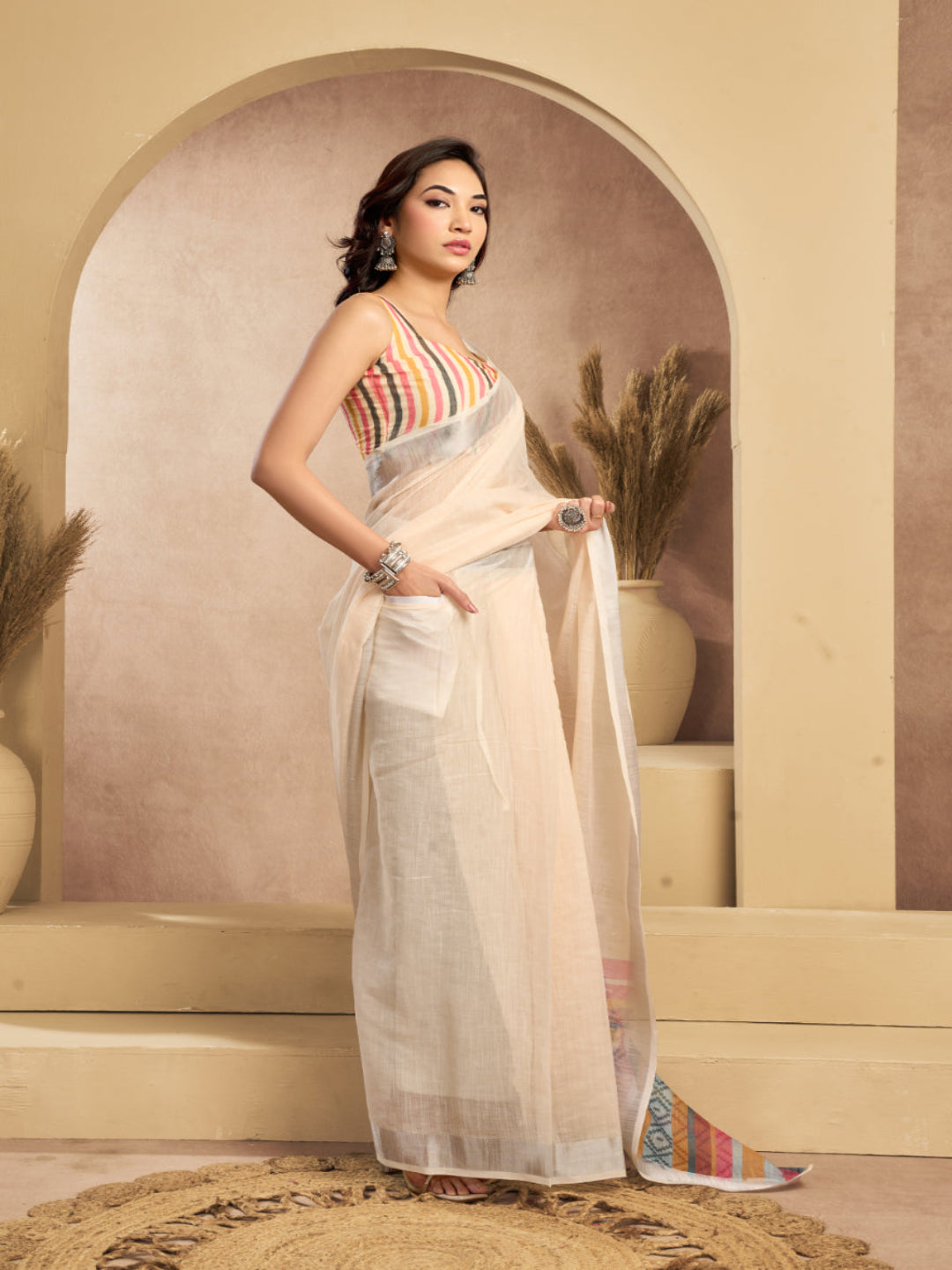 Cream Linen Ikkat Printed ready to wear with pocket saree with Blouse