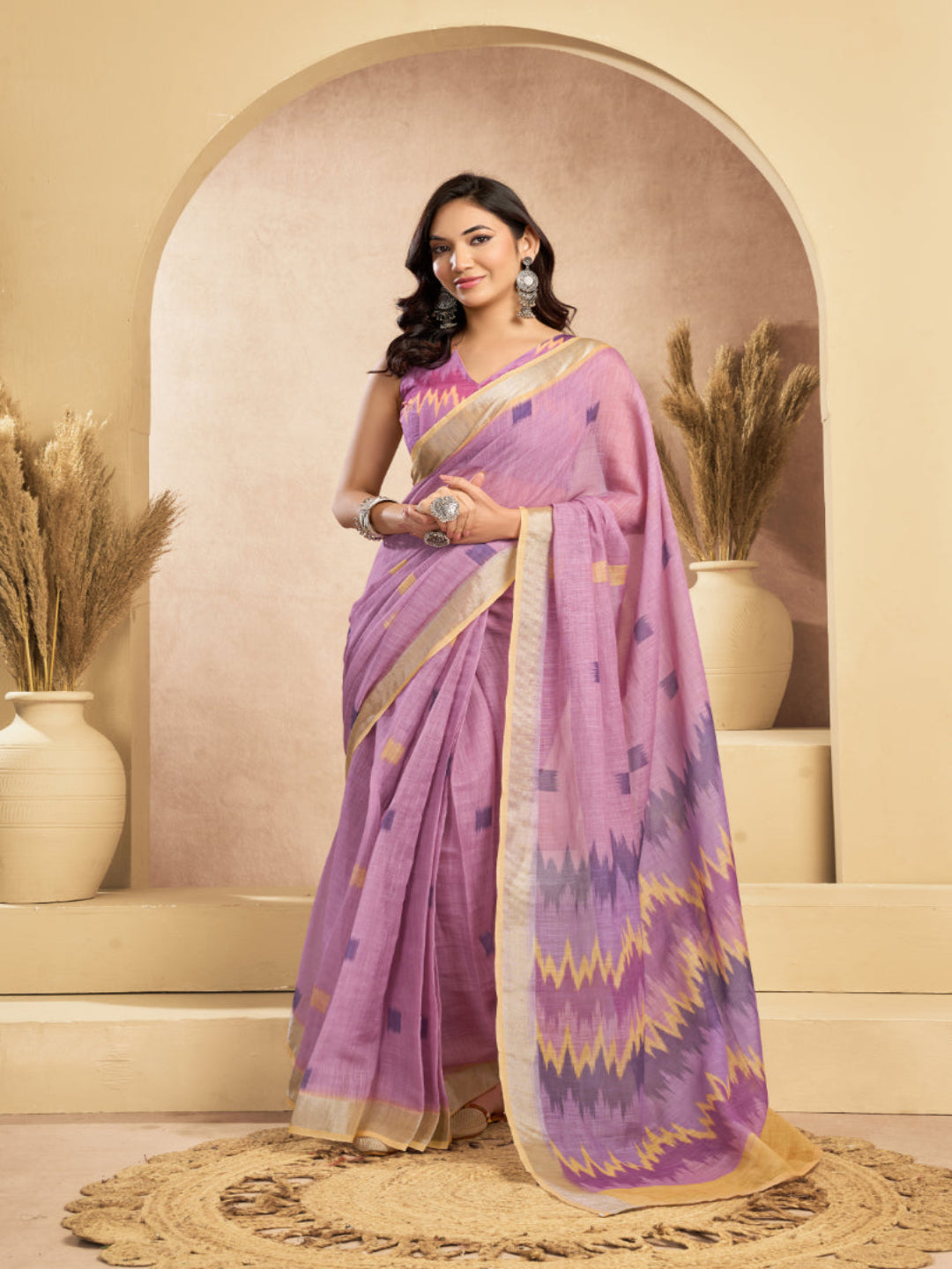 Linen Ikkat Printed ready to wear with pocket saree with Blouse
